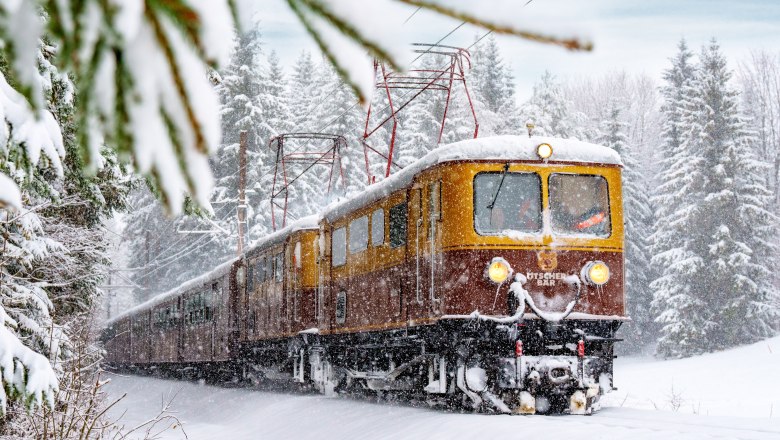 Ein Zug f&auml;hrt durch eine verschneite Winterlandschaft, umgeben von schneebedeckten B&auml;umen.