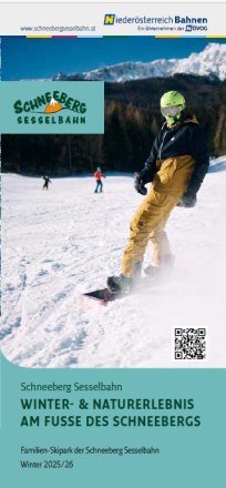 Snowboarder mit gelbem Helm und gelber Hose f&auml;hrt auf schneebedeckter Piste vor bewaldeten Bergen und schneebedeckten Gipfeln.