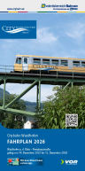 Goldener Citybahn-Zug auf gr&uuml;nem Viadukt vor blauem Himmel und bewaldeten H&uuml;geln, darunter Text 'Citybahn Waidhofen FAHRPLAN 2026' und QR-Code.