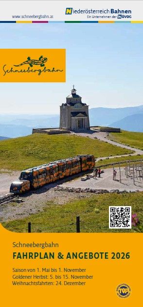 Deutsches Titelblatt „Fahrplan & Angebote 2026“ mit Salamander-Zug der Schneebergbahn, Elisabethkirche und QR-Code.