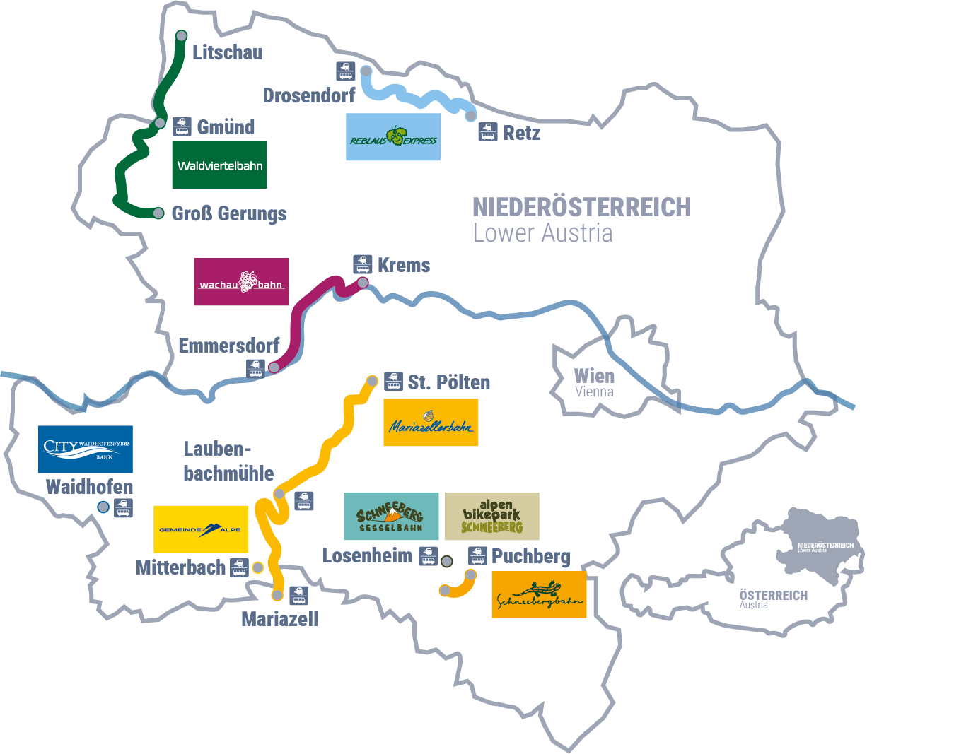Karte von Niederösterreich mit farblich markierten Bahnstrecken, Bergbahnen, wichtigen Orten und den zugehörigen Markenlogos.