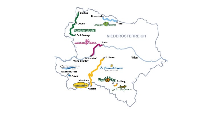 Routen unserer Bahnen in einer Niederösterreich Karte eingezeichnet