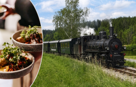 Dampflokomotive mit zwei gr&uuml;nen Waggons f&auml;hrt auf Gleisen durch eine gr&uuml;ne Landschaft mit Wald und Teich im Hintergrund. Daneben sieht man ein k&ouml;stliches Gericht