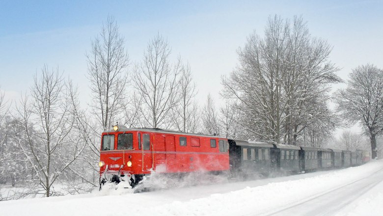 Roter Zug f&auml;hrt durch verschneite Landschaft mit kahlen B&auml;umen.