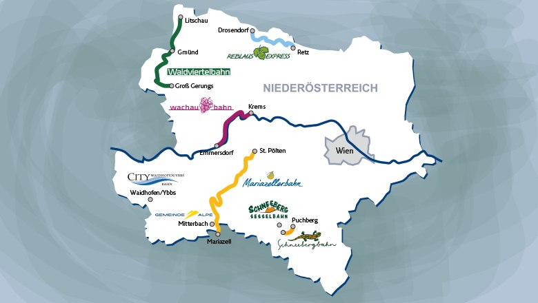 Routen unserer Bahnen auf einer Niederösterreich Karte eingezeichnet