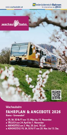 Goldener Zug der Wachaubahn f&auml;hrt auf Gleisen, im Vordergrund bl&uuml;hende wei&szlig;e Marillenbl&uuml;tenzweige, blauer Himmel.